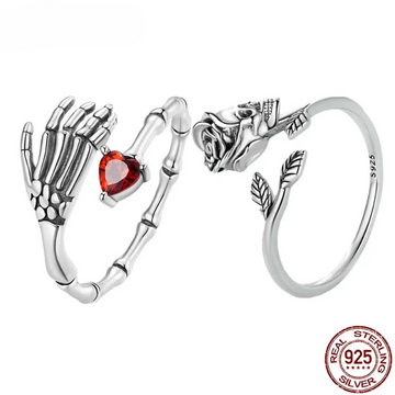 925 Silver Punk Skull Ring – Red Heart CZ, Halloween Jewelry