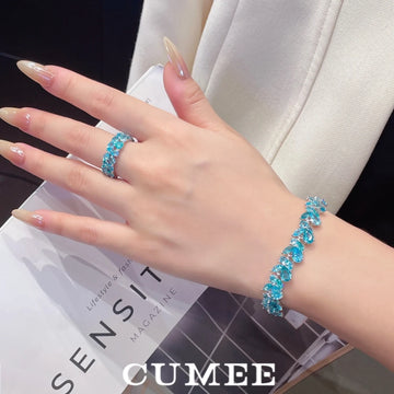CUMEE Aquamarine Gemstone Bracelet Set 925 Sterling Silver Gold Plated