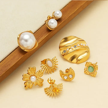 Gold Plated Pearl Flower Dangle Earrings for Women