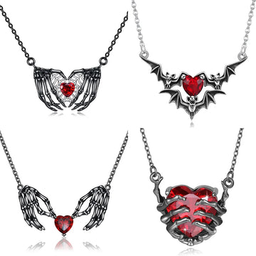Gothic Punk Bat Wings & Heart Resin Necklace – Halloween Alloy Chain