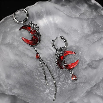 Asymmetrical Red Moon Rose Earrings – Crystal Drop for Women