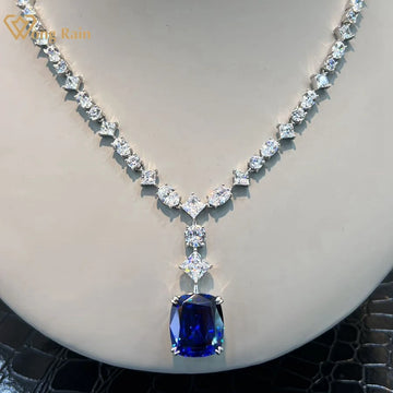 Wong Rain 925 Sterling Silver Cushion Cut Sapphire Pendant Necklace with Diamond Accents