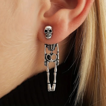 Halloween Silvery Skeleton Dangle Earrings – Retro Goth Jewelry for Girls