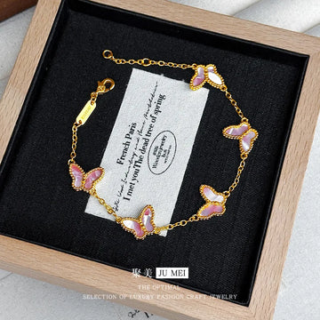 24K Real Gold Five Butterfly Bracelet Mother-Shell Pink Women’s Jewelry