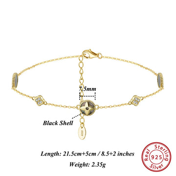 925 Sterling Silver Four Leaf Clover Anklet with Zircon & Black Shel
