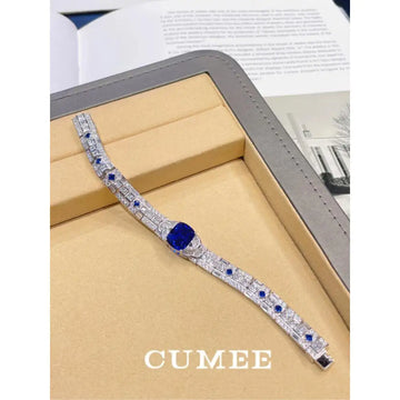 CUMEE Unisex Sapphire Blue Gemstone Bracelet 925 Sterling Silver Gold-Plated Fashion Jewelry