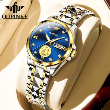 OUPINKE 3259 Women’s Real Gold Automatic Mechanical Watch Luxury Tungsten Steel Strap