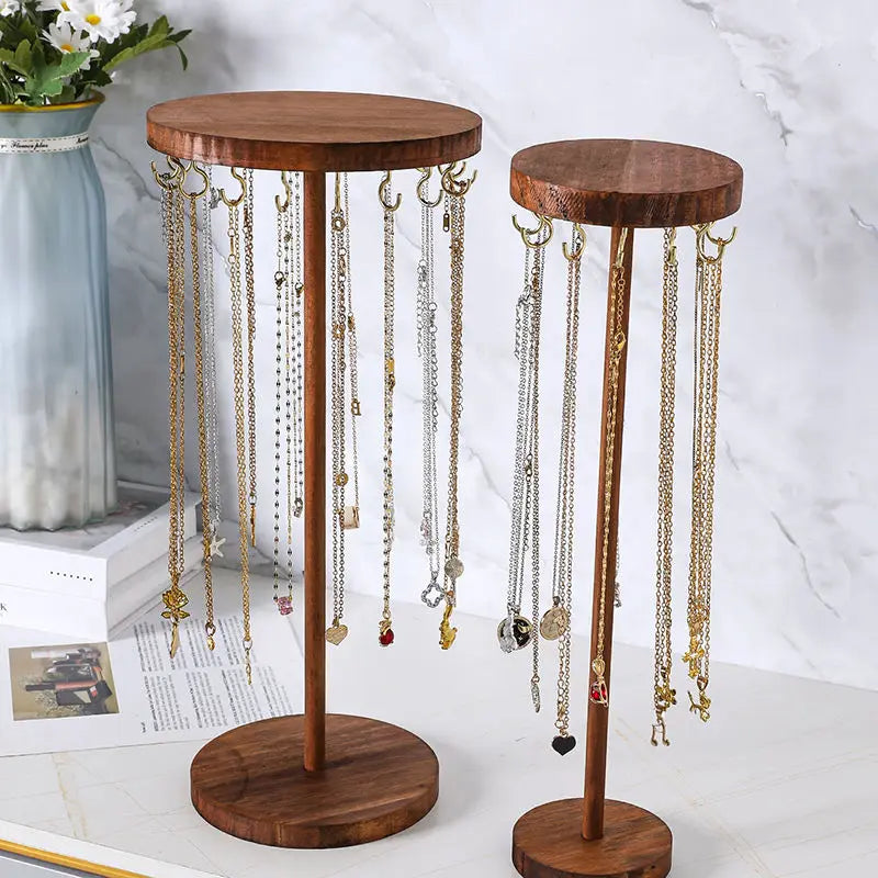 Necklace Holder Organizer, Jewelry Tree Stand with 12 Metal Hooks, Wooden Necklace Display Tower for Home or Show Selling Use