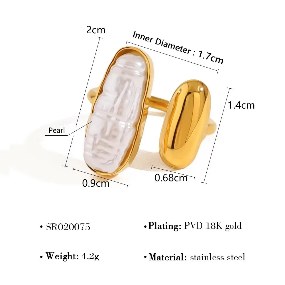 Unique Irregular Pearl Stainless Steel Rings for Women Individual Retro 18K Gold Plated Jewelry Waterproof