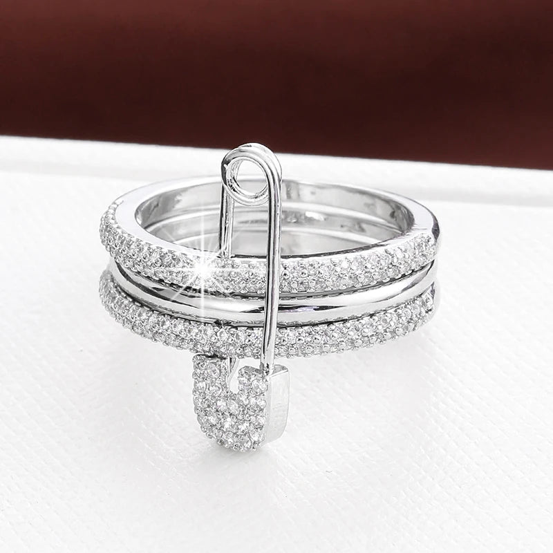 Lady Fashion Pin Connection Three Layers Design Ring for Women Gift Jewelry