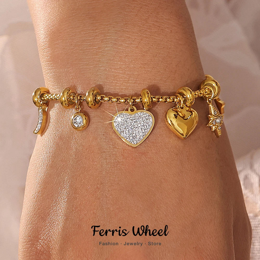 Trendy Moon Heart Stainless Steel Bracelet Bangle for Women Cute Luxury Charm Jewelry Wedding Banquet Gift