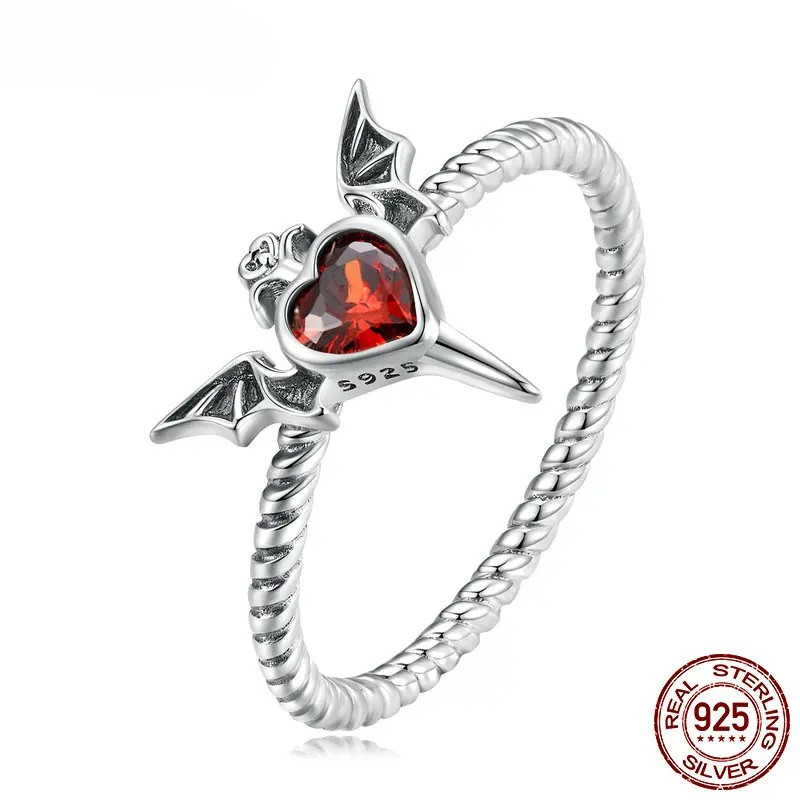 WOSTU 925 Silver Bat Wings Ring – Black Heart CZ Gothic Jewelry