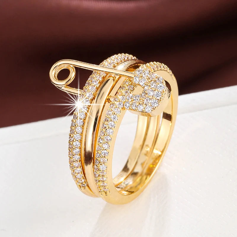Lady Fashion Pin Connection Three Layers Design Ring for Women Gift Jewelry