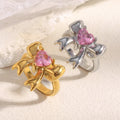 La. Muses Pink Heart-Shaped Zircon Bow Shaped Stainless Steel Women'S Ring PVD Gold-Plated Fashionable Daily Jewelry Gift