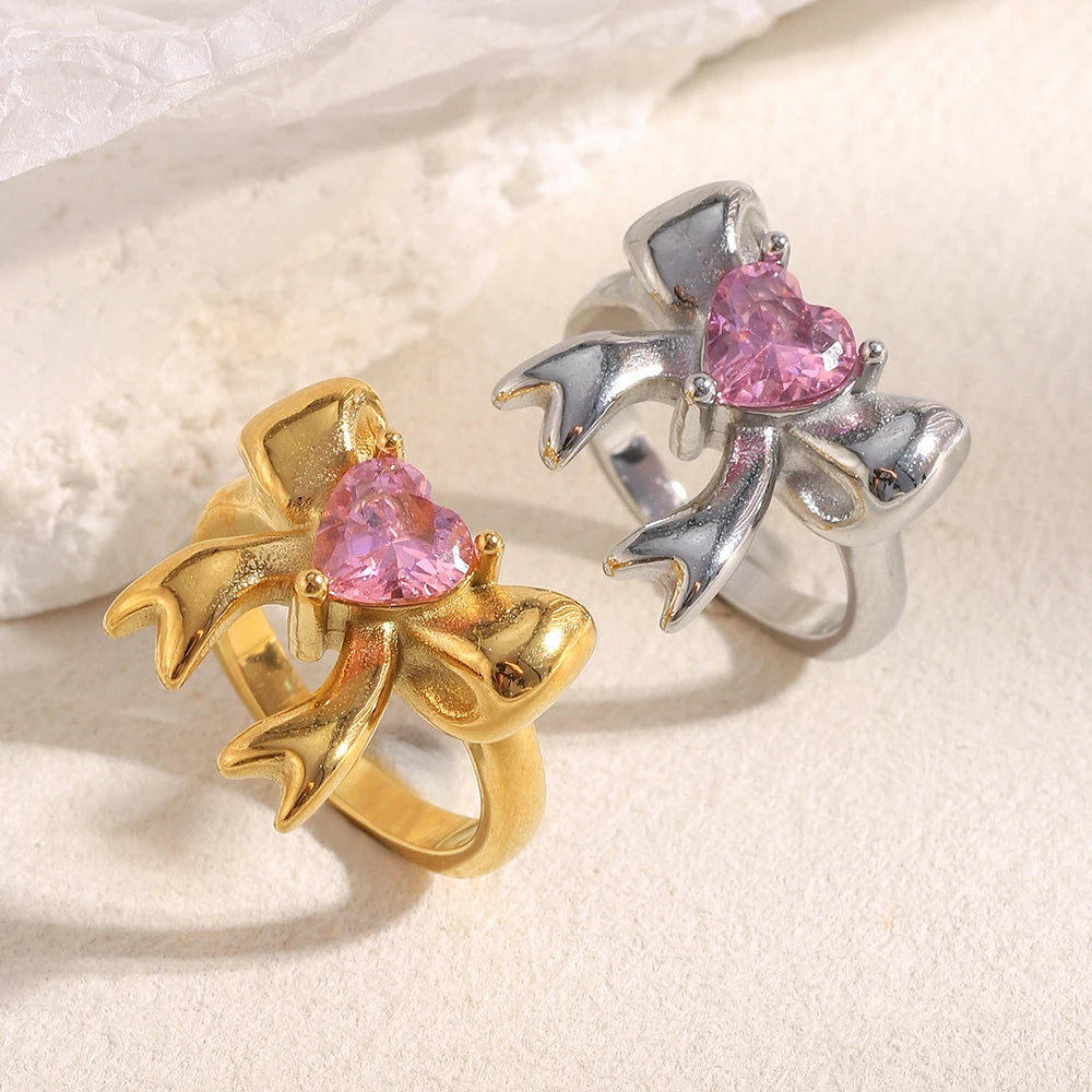 La. Muses Pink Heart-Shaped Zircon Bow Shaped Stainless Steel Women'S Ring PVD Gold-Plated Fashionable Daily Jewelry Gift