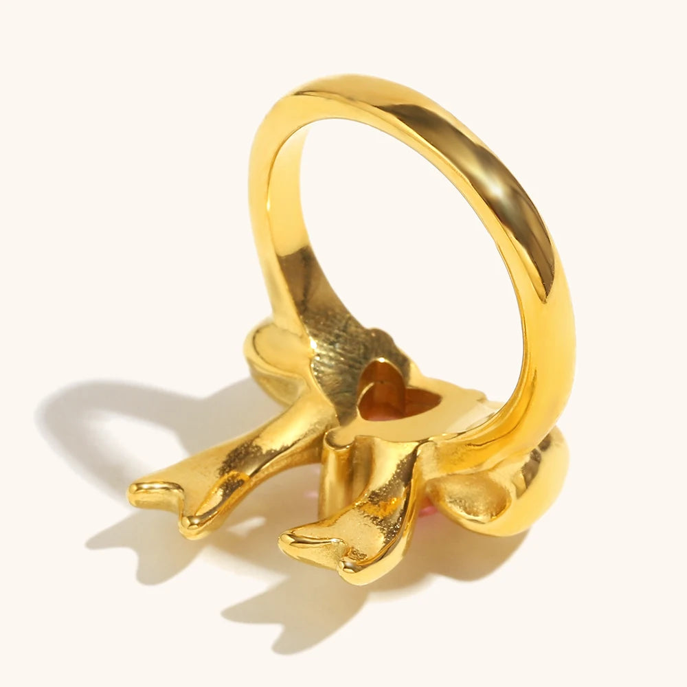 La. Muses Pink Heart-Shaped Zircon Bow Shaped Stainless Steel Women'S Ring PVD Gold-Plated Fashionable Daily Jewelry Gift