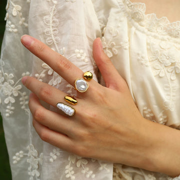 Unique Irregular Pearl Stainless Steel Rings for Women Individual Retro 18K Gold Plated Jewelry Waterproof