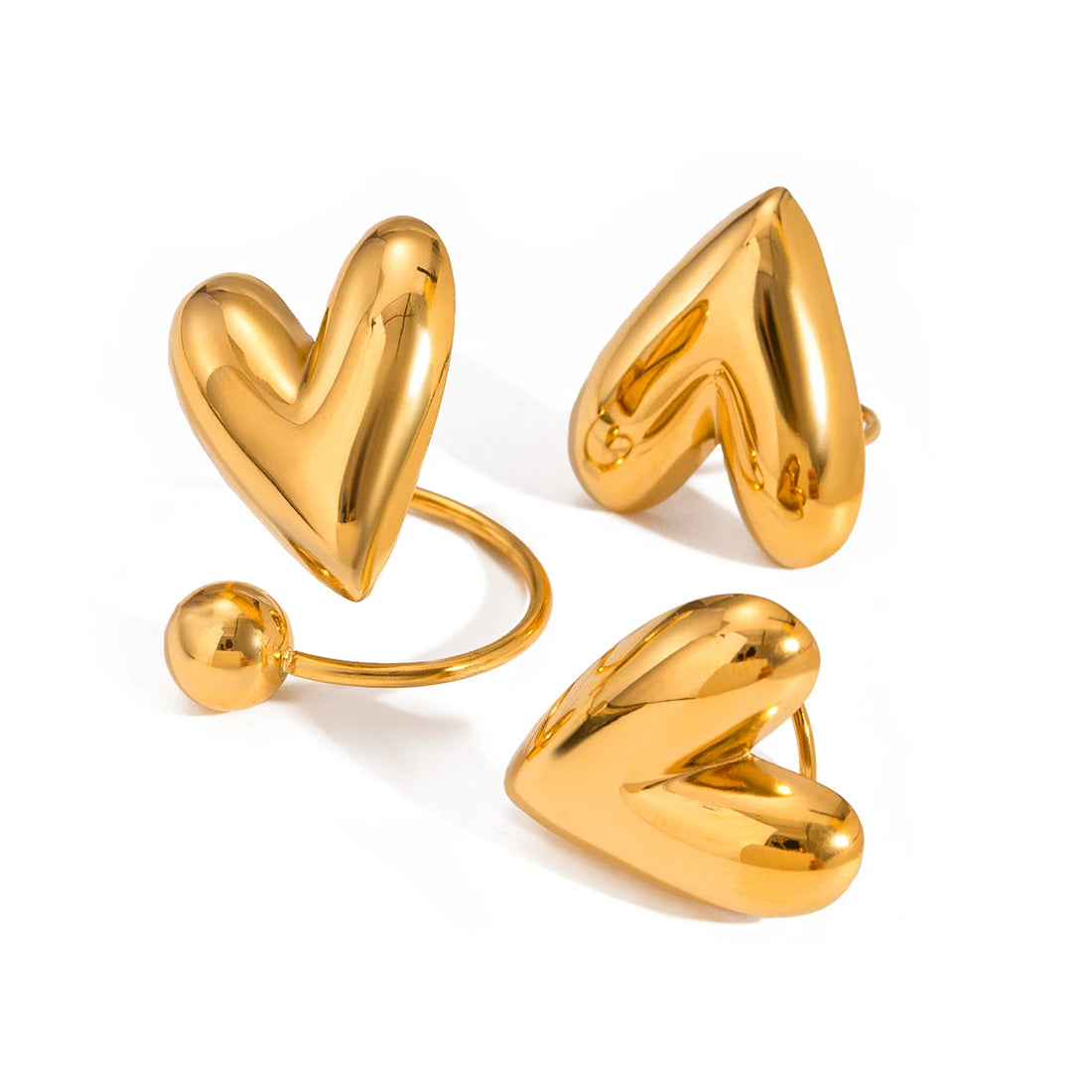 Zora Minimalist Stainless Steel 18K Gold Plated Heart Glossy Earring Open Ring Set Waterproof Attractive Jewelry