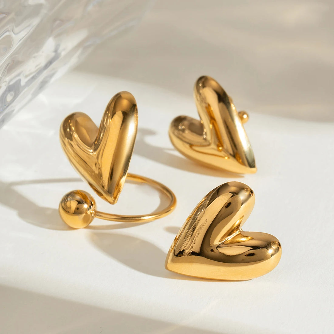 Zora Minimalist Stainless Steel 18K Gold Plated Heart Glossy Earring Open Ring Set Waterproof Attractive Jewelry