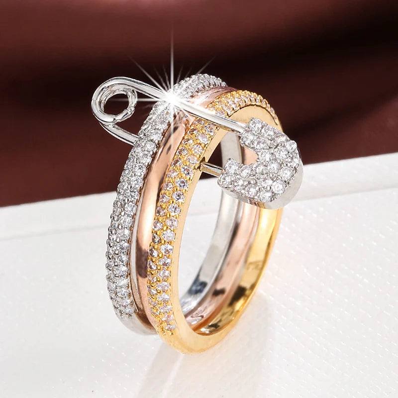 Lady Fashion Pin Connection Three Layers Design Ring for Women Gift Jewelry
