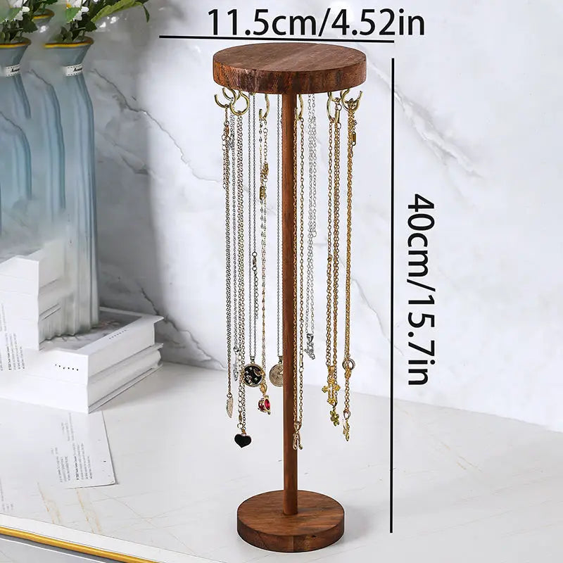 Necklace Holder Organizer, Jewelry Tree Stand with 12 Metal Hooks, Wooden Necklace Display Tower for Home or Show Selling Use