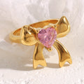 La. Muses Pink Heart-Shaped Zircon Bow Shaped Stainless Steel Women'S Ring PVD Gold-Plated Fashionable Daily Jewelry Gift
