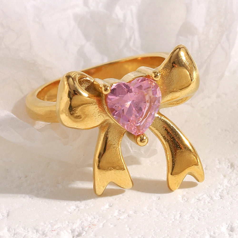 La. Muses Pink Heart-Shaped Zircon Bow Shaped Stainless Steel Women'S Ring PVD Gold-Plated Fashionable Daily Jewelry Gift