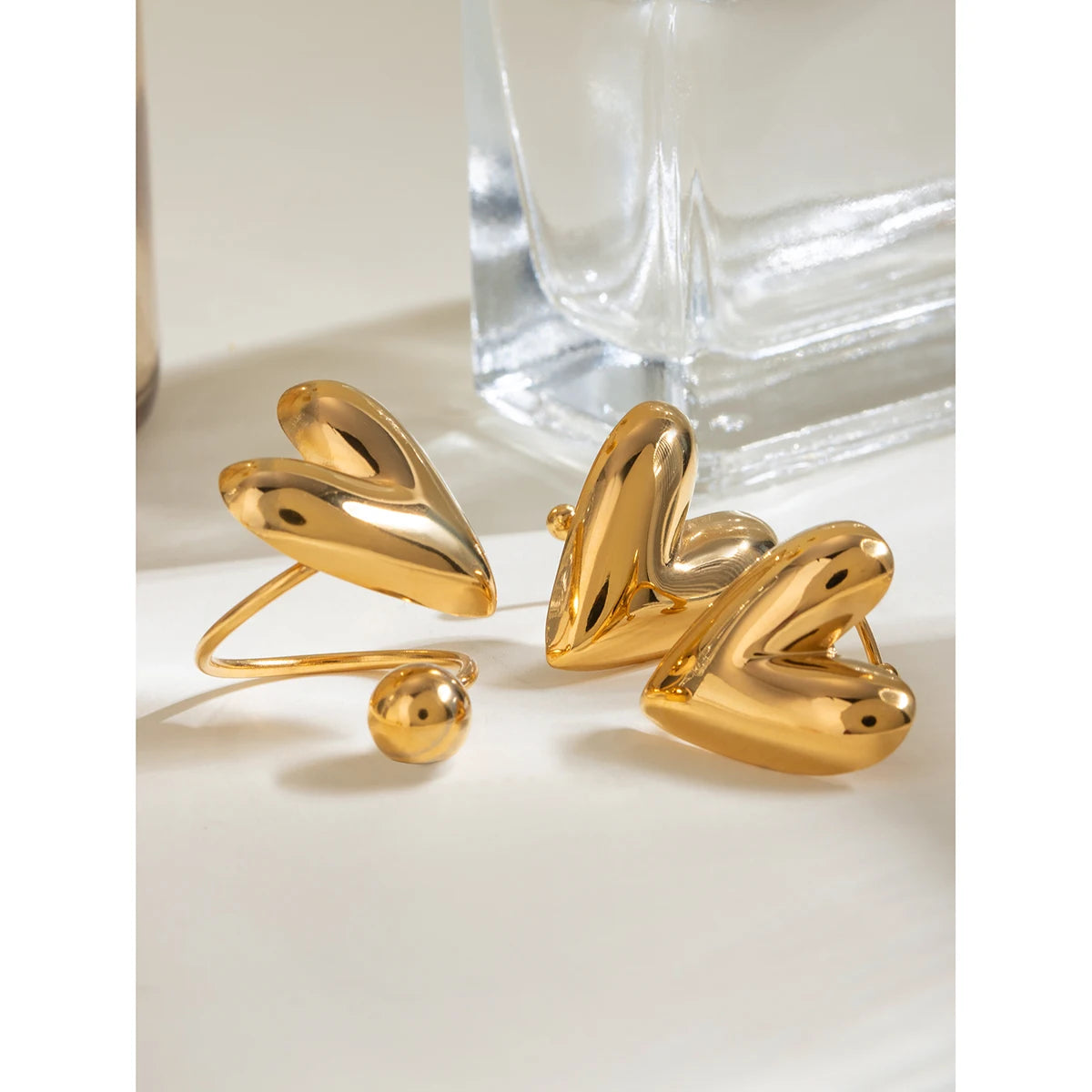 Zora Minimalist Stainless Steel 18K Gold Plated Heart Glossy Earring Open Ring Set Waterproof Attractive Jewelry