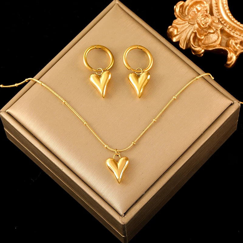 316L Stainless Steel Gold Color Heart Love Necklace Earrings Trendy for Women New Party Gift Waterproof Jewelry Set