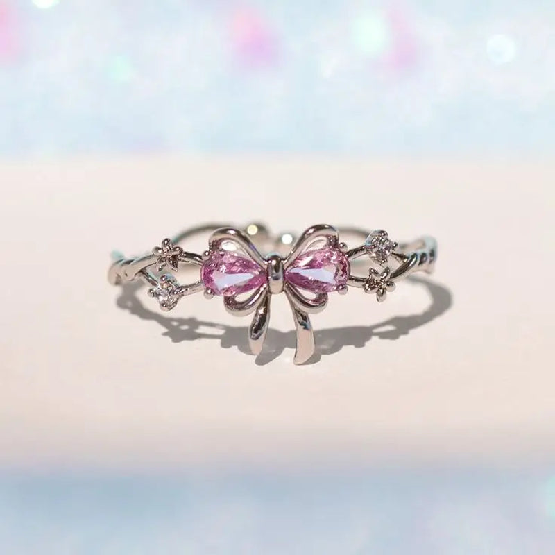 Exquisite Pink Bow Ring, Female Gold Color Flower Shining Zircon Open Ring Birthday Party Jewelry Gift Accessories