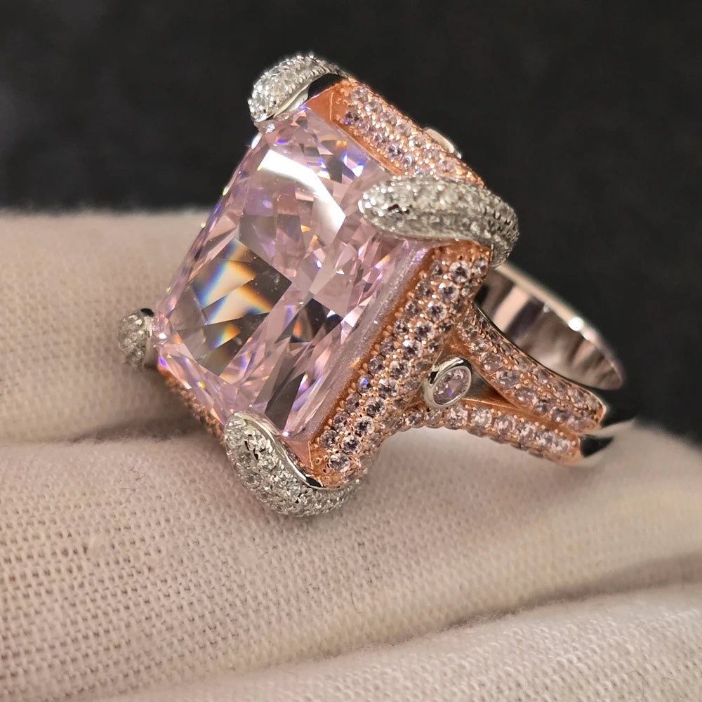 Heavy Craft Solid 925 Sterling Silver with Lab Created Pink High Carbon Diamond Gemstone Rings Fine Jewelry for Women