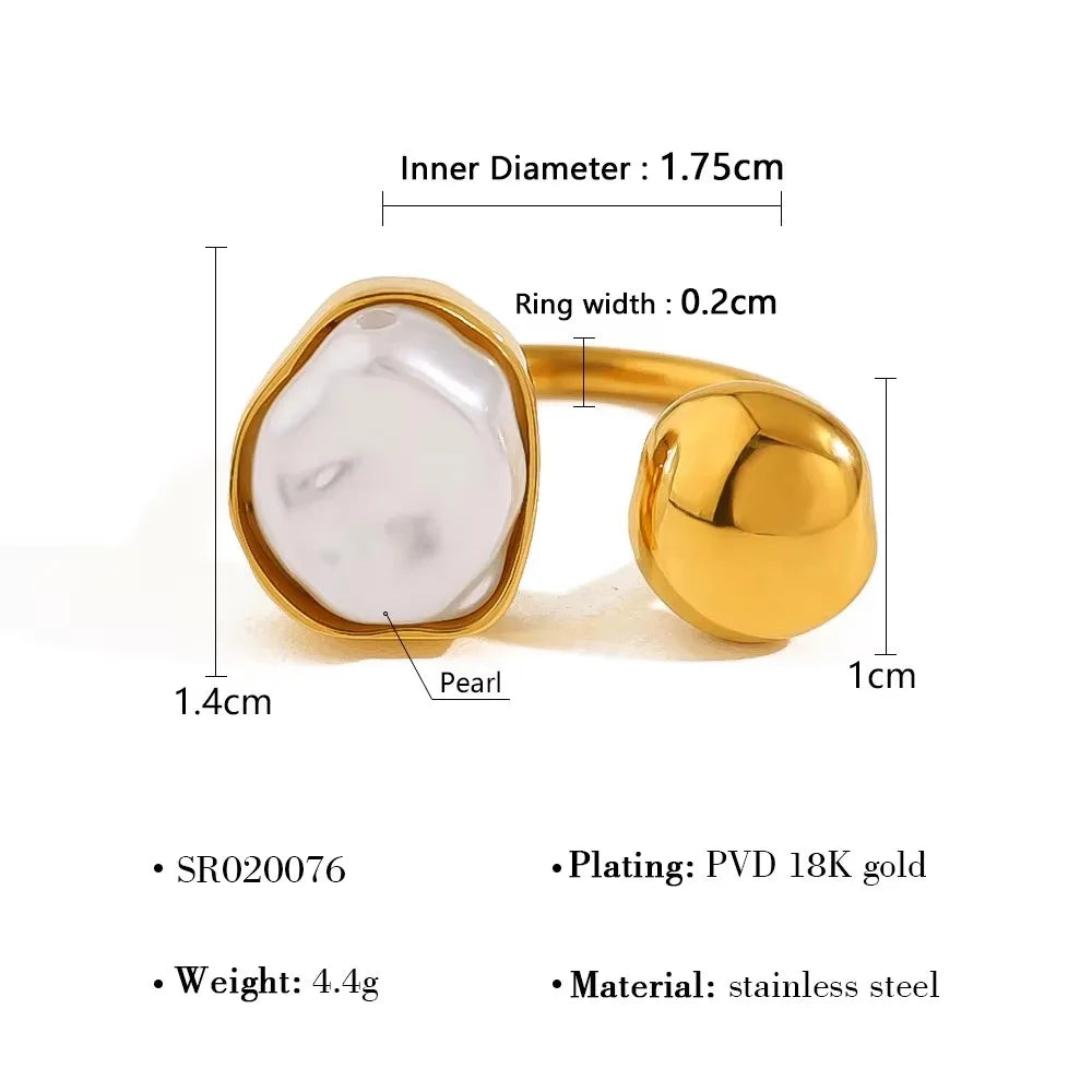 Unique Irregular Pearl Stainless Steel Rings for Women Individual Retro 18K Gold Plated Jewelry Waterproof