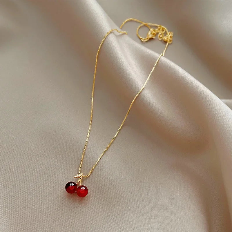 Little Wine Red Cherry Pendant Necklaces for Women Fashion Personality Fruit Golden Chain Necklace Party Jewelry Birthday Gifts
