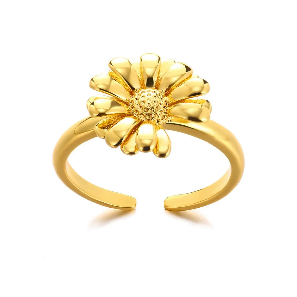 Stainless Steel Exaggerated Big Flower Rings for Women Gold Color Sunflower Finger Ring Female Fashion Aesthetic Jewelry Gift
