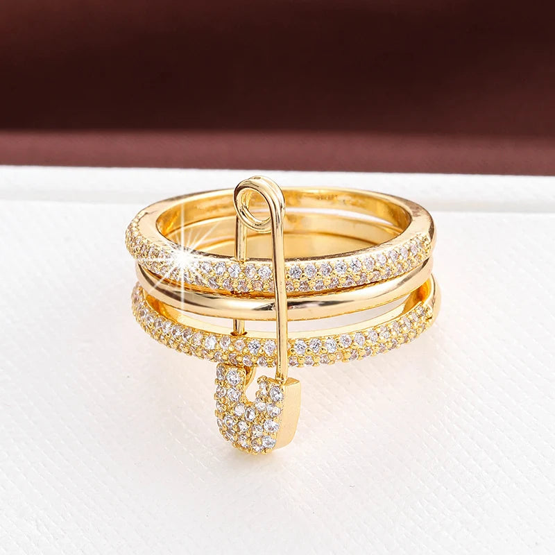 Lady Fashion Pin Connection Three Layers Design Ring for Women Gift Jewelry