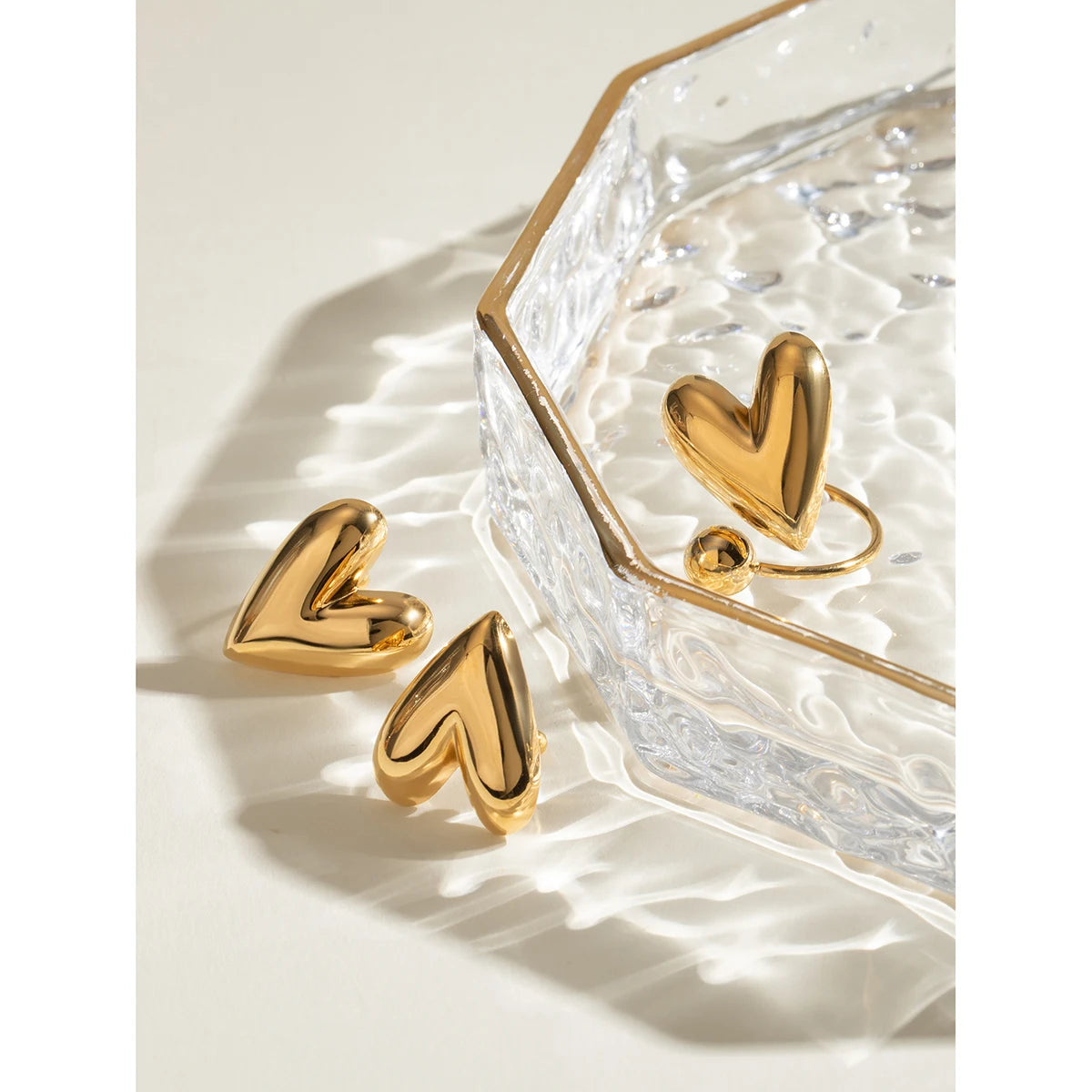 Zora Minimalist Stainless Steel 18K Gold Plated Heart Glossy Earring Open Ring Set Waterproof Attractive Jewelry