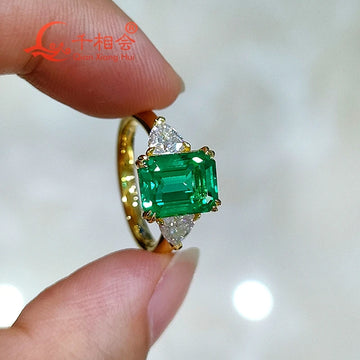 Lab Grown Emerald Green Trillion Moissanite Ring