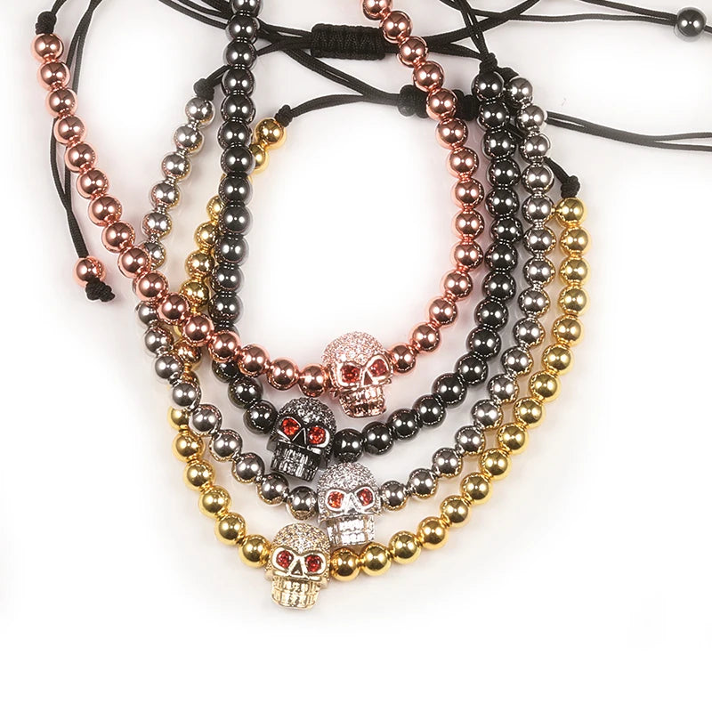 Skull Copper Bead Bracelet - Handmade CZ Crystal Punk Jewelry