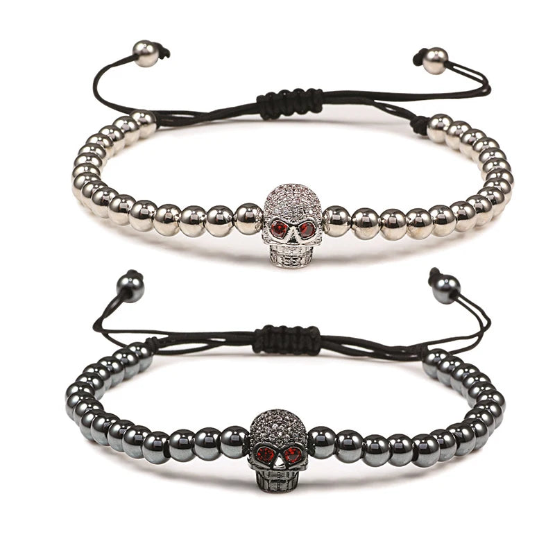 Skull Copper Bead Bracelet - Handmade CZ Crystal Punk Jewelry