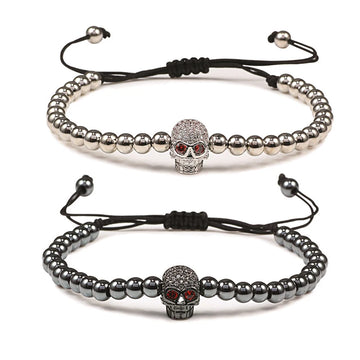 Skull Copper Bead Bracelet - Handmade CZ Crystal Punk Jewelry