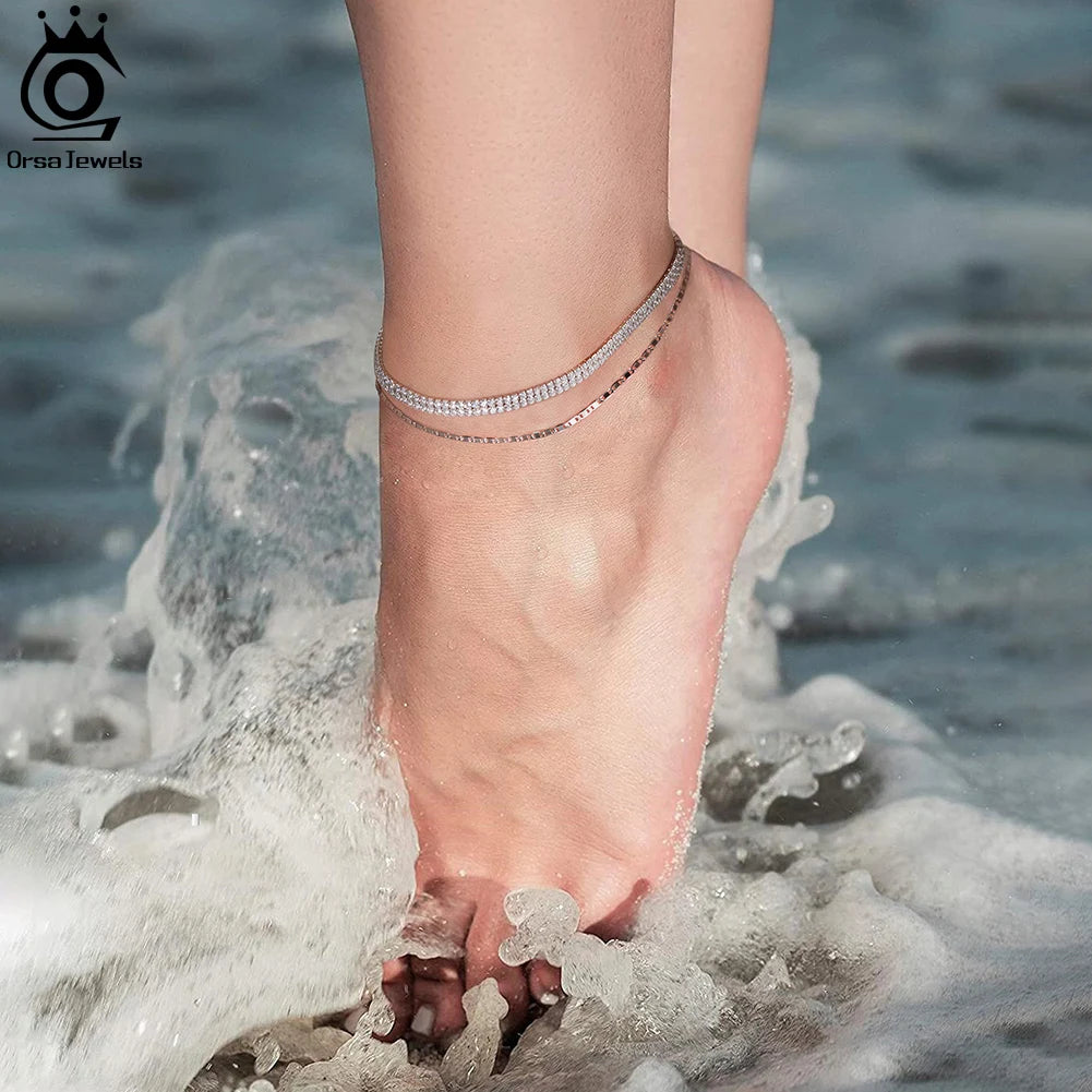 925 Silver Rhinestone Tennis Anklet Women’s Fashion Jewelry
