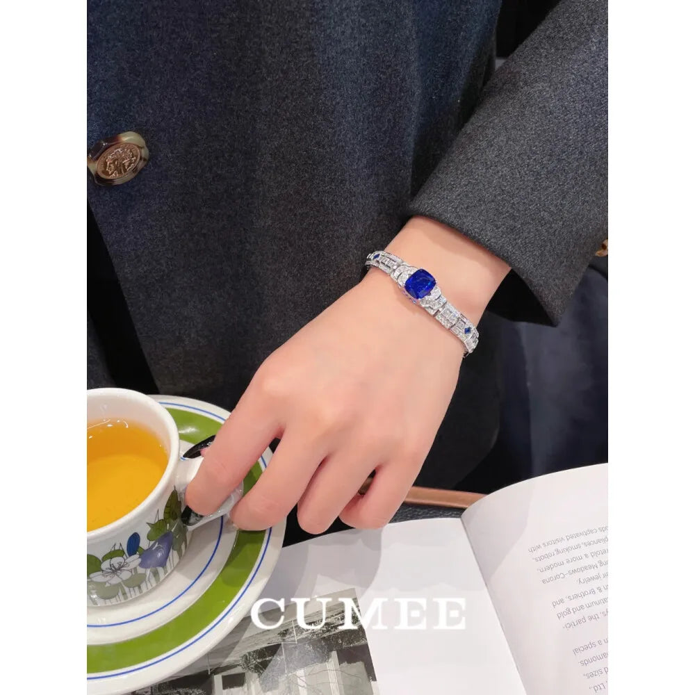 CUMEE Unisex Sapphire Blue Gemstone Bracelet 925 Sterling Silver Gold-Plated Fashion Jewelry