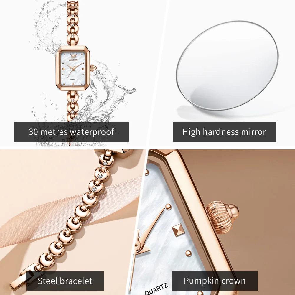 OLEVS Women’s Luxury Square Quartz Watch 3665 Rose Gold Stainless Steel Waterproof