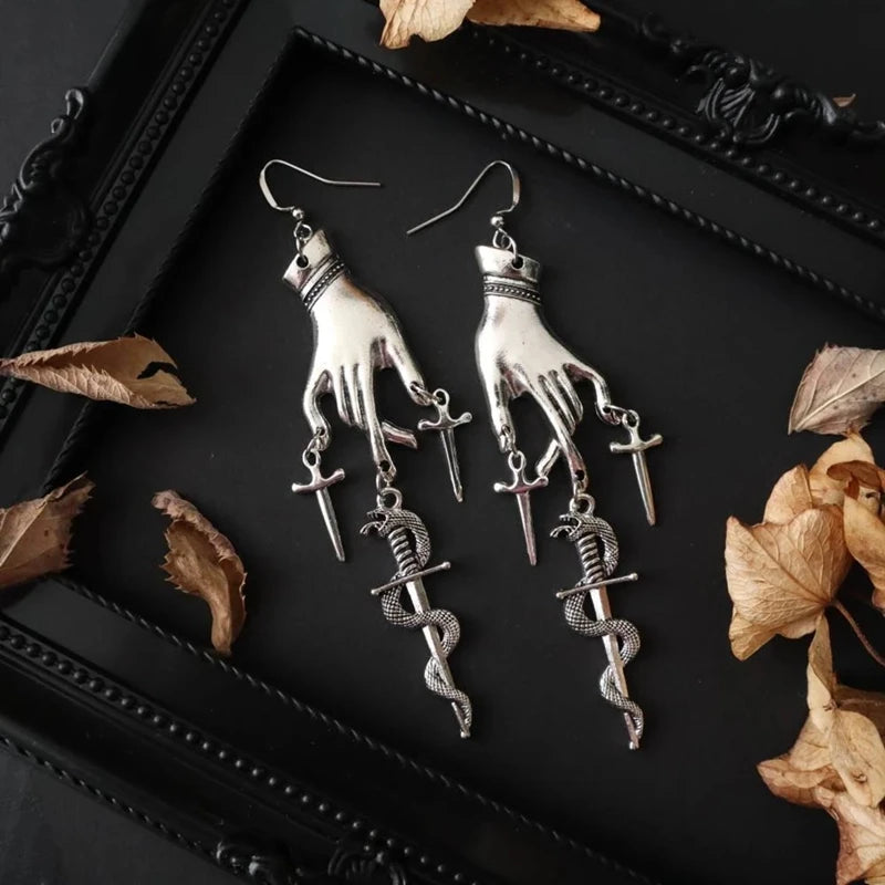 Gothic Snake & Sword Dangle Earrings – Viking Witchy Medieval Jewelry
