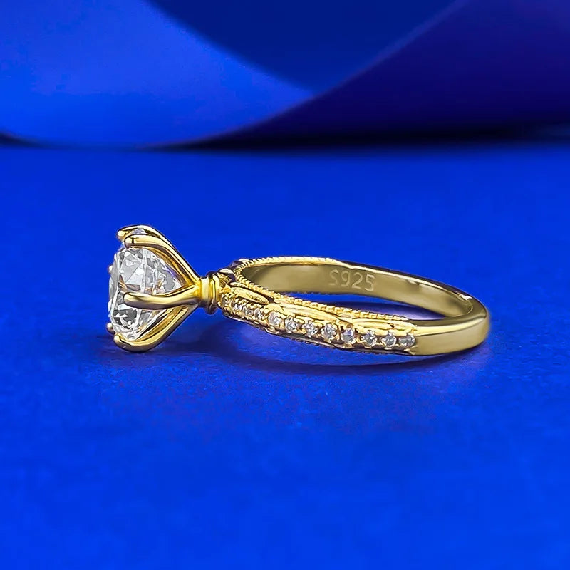 CKT S925 Sterling Silver Gold-Plated 8.0 Round White Diamond Ring for Women Classic Fine Jewelry
