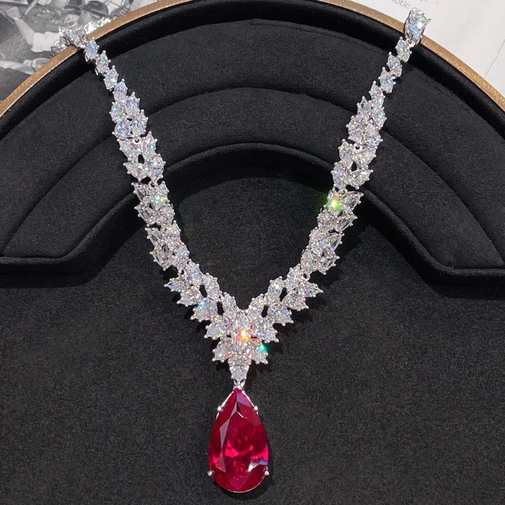 Teardrop Pigeon Blood Red Ruby Pendant Necklace 925 Silver Gold-Plated