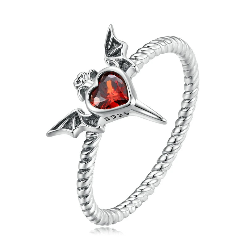 WOSTU 925 Silver Bat Wings Ring – Black Heart CZ Gothic Jewelry