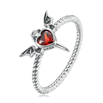 WOSTU 925 Silver Bat Wings Ring – Black Heart CZ Gothic Jewelry