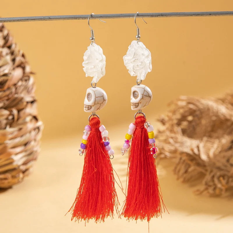 Halloween Skeleton Bride Tassel Earrings – Gothic Skull Dangles for Women