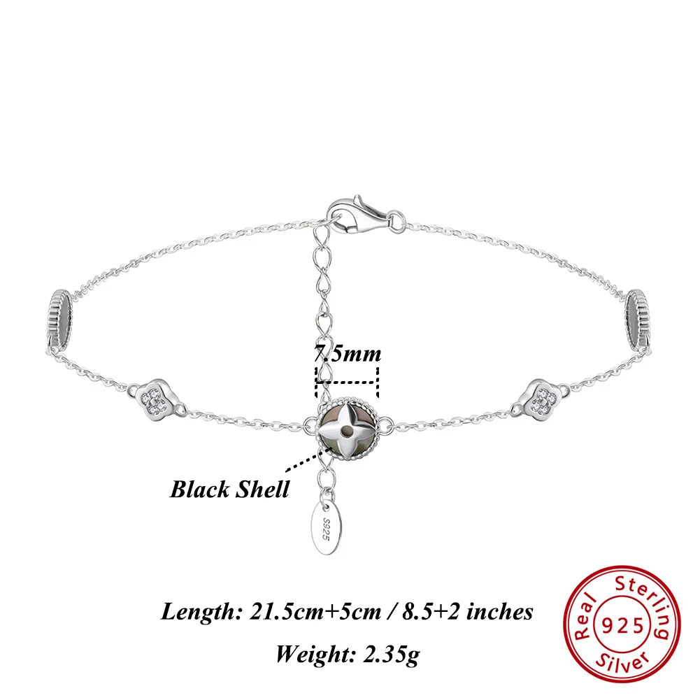 925 Sterling Silver Four Leaf Clover Anklet with Zircon & Black Shel
